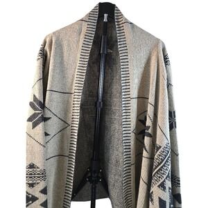 Hem & Thread Wn Small Tan Black Fair Isle Geometric Open Front Cardigan Sweater